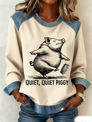 Women's Funny Quiet Piggy This Piggy Won't Be Quiet Resist Denim Patchwork Top