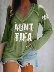 Women's Retro Aunt Tifa V-Neck Long-Sleeve T-Shirt