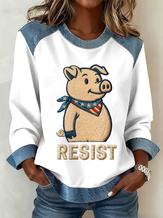 Women's This Piggy Won't Be Quiet Resist Denim Patchwork Top