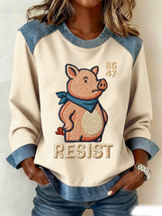 Women's Quiet Piggy, This Piggy Won't Be Quiet Resist Denim Patchwork Top