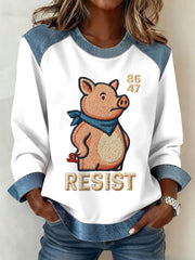 Women's Quiet Piggy, This Piggy Won't Be Quiet Resist Denim Patchwork Top